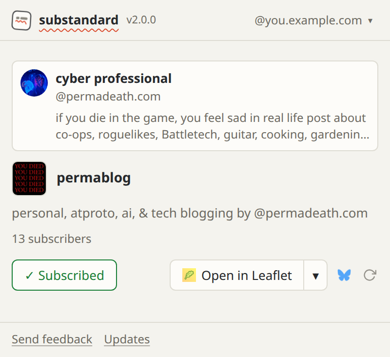 The substandard popup over permadeath.com, signed in: the author’s account above the permablog publication card, its subscriber count, and a Subscribed button, with no warnings.