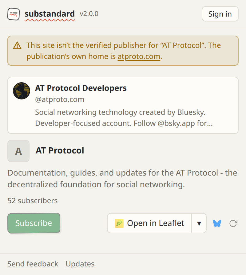 The substandard popup over a third-party reader showing the AT Protocol blog: a warning that this page is not the publication’s verified home, linking to the real one.